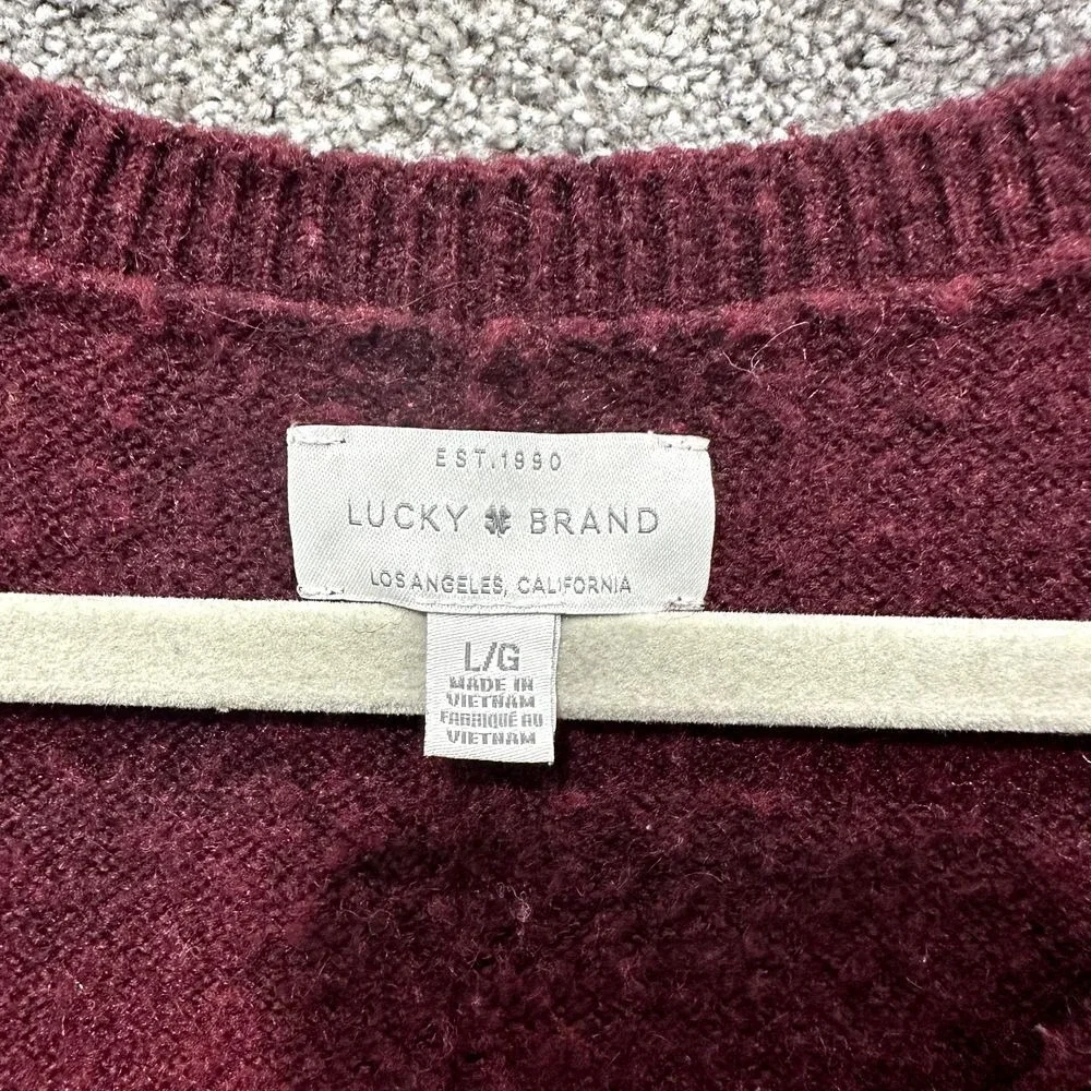 Lucky Brand Pullover Sweater Men L Burgundy V Neck Wool Blend‎ Long Sleeve